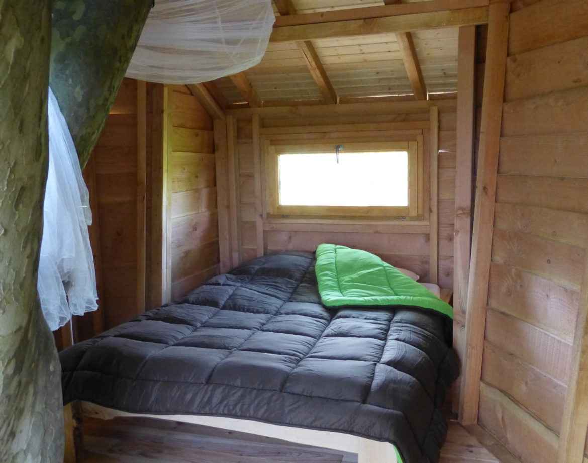 Cabane en bois dans un arbre, lit confortable avec couette verte et murs en bois.