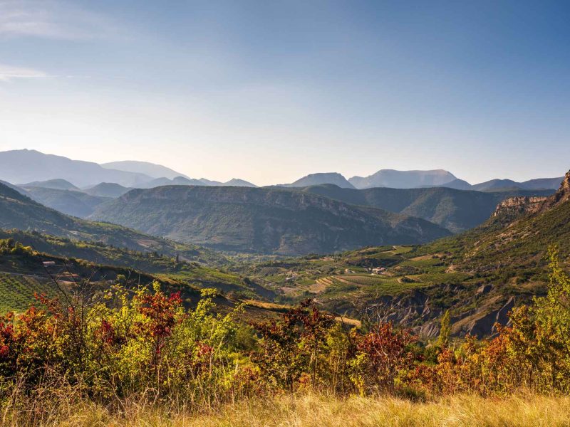 Hébergement en pleine nature avec vue panoramique sur les montagnes verdoyantes.