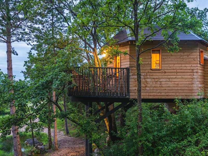 Cabane perchée dans les arbres, entourée de verdure et éclairée par une lumière chaleureuse.