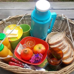 Panier pique-nique coloré avec fruits, pain et boissons, parfait pour un hébergement insolite.