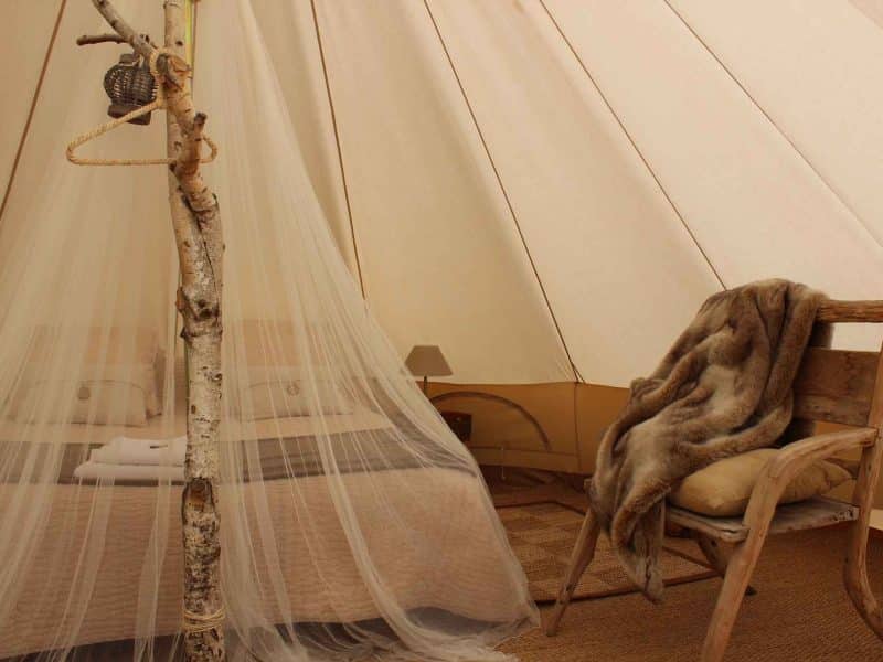 Tente de glamping élégante avec lit douillet et chaise en bois rustique.
