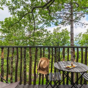 Cabane perchée en Auvergne-Rhône-Alpes avec vue sur la nature et une terrasse accueillante.