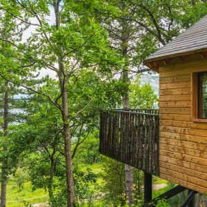 Cabane en bois perchée dans les arbres, entourée de verdure luxuriante.