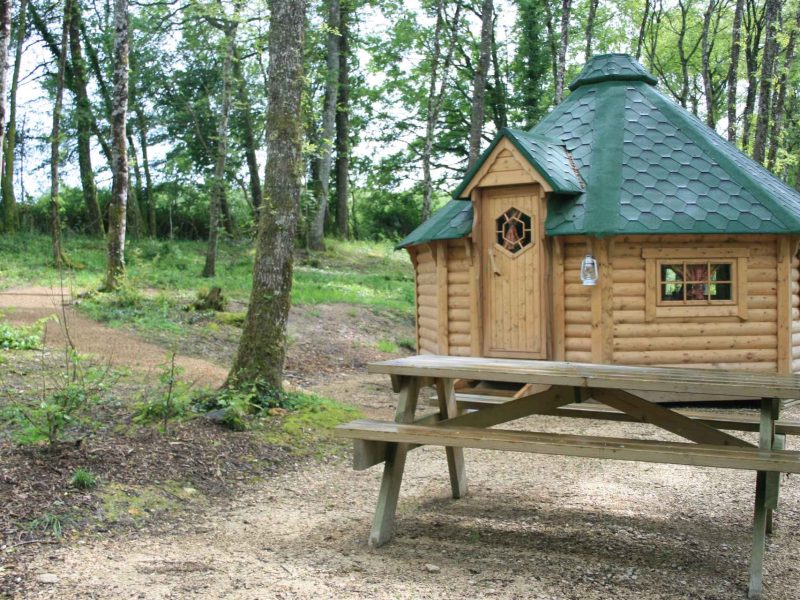 Cabane en bois avec toit vert, entourée dune forêt verdoyante.