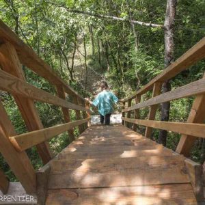 Cabane perchée en bois, accès par un escalier, entourée de verdure à Midi-Pyrénées.