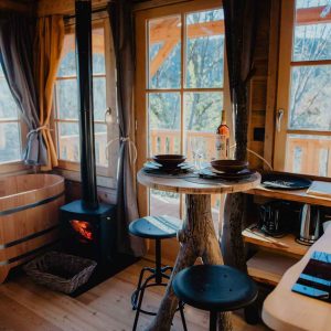 Cabane en bois avec poêle à bois et vue sur la nature, idéale pour un séjour romantique.