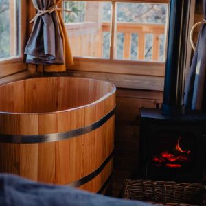 Cabane en bois avec baignoire en bois et poêle à bois, vue sur la nature.