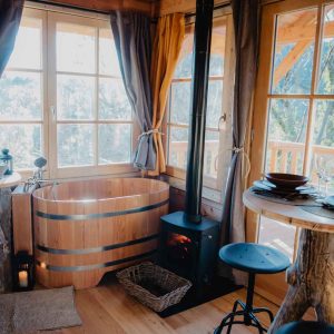 Cabane en bois avec baignoire en bois et poêle à bois, vue sur la nature.