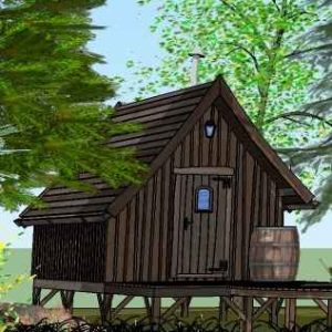 Cabane en bois perchée, entourée darbres verdoyants en Auvergne.