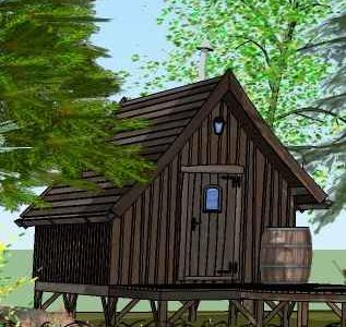 Cabane en bois perchée, entourée darbres verdoyants en Auvergne.