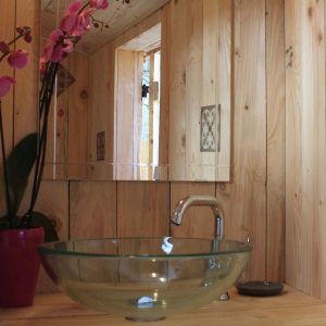Hébergement insolite en bois en Auvergne-Rhône-Alpes avec lavabo en verre et orchidée.