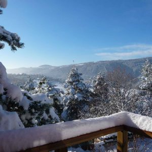 Cabane perchée en bois, vue panoramique sur un paysage enneigé en Auvergne.