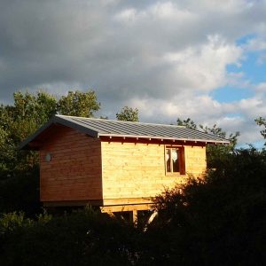 Cabane en bois perchée, entourée de verdure, sous un ciel nuageux en Auvergne-Rhône-Alpes.