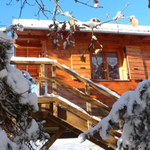 Cabane en bois perchée, entourée de neige et de branches enneigées.