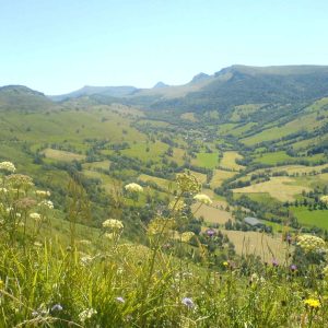 Hébergement insolite en Auvergne avec vue panoramique sur les vallées verdoyantes.