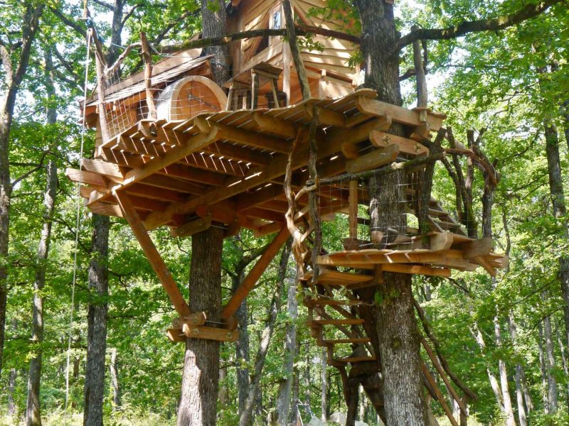 Cabane dans les arbres à Grand-Est, perchée entre les feuillages verdoyants.