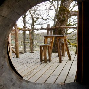 Cabane perchée dans un arbre, vue sur une terrasse en bois entourée de nature.