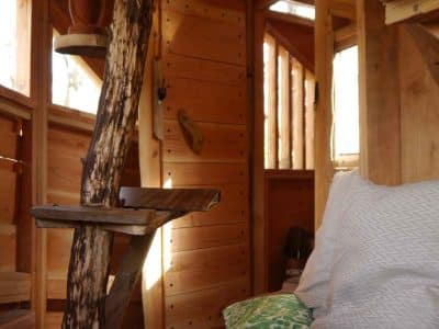 Cabane en bois dans les arbres, intérieur chaleureux avec coussins colorés.