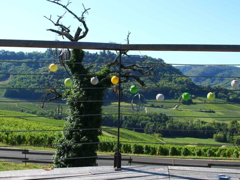 Gîte rural avec vue sur les vignes et décorations colorées suspendues.