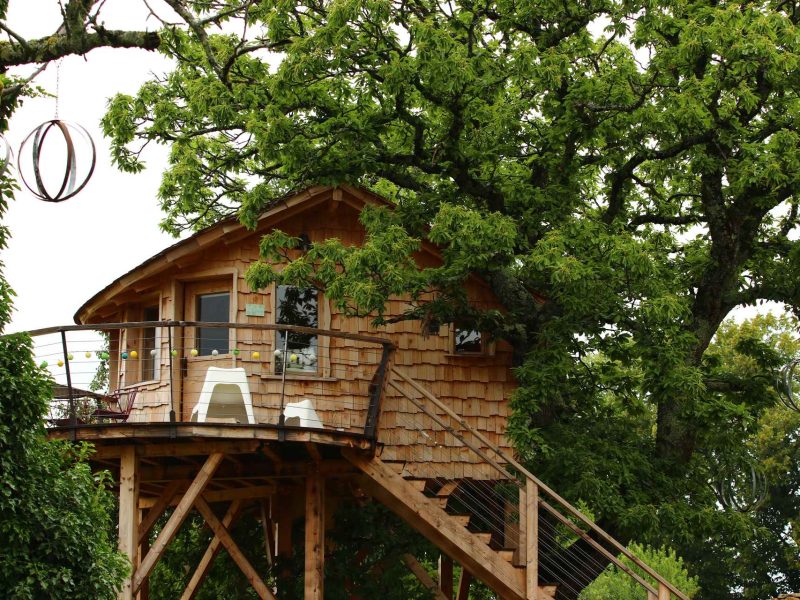 Cabane dans les arbres avec balcon, entourée de verdure luxuriante.