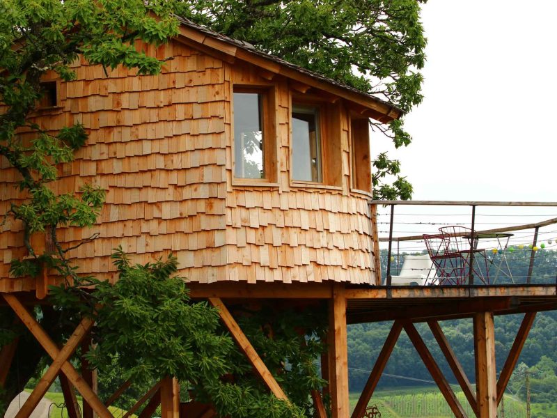 Cabane dans les arbres avec balcon, entourée de verdure et vue sur les vignes.