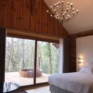 Cabane en bois avec vue sur la forêt et un jacuzzi sur la terrasse.