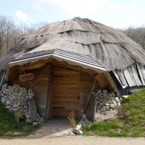 Hébergement insolite en forme de yourte, avec un toit en chaume et une entrée en bois.