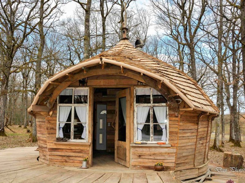 Cabane en bois au cœur de la forêt, avec un toit en tuiles et de grandes fenêtres.