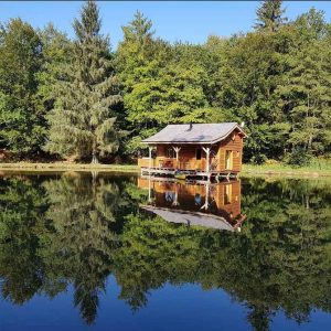 Cabane en bois flottante au bord dun lac, entourée de verdure luxuriante.