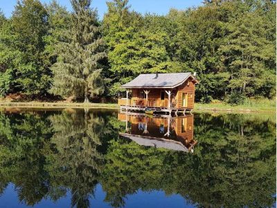 Cabane en bois flottante au bord dun lac, entourée de verdure luxuriante.