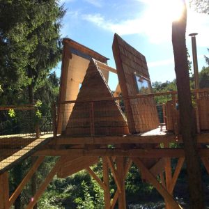 Cabane perchée en bois avec toit en ardoise, entourée darbres verdoyants.