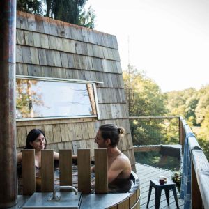 Cabane en bois avec jacuzzi extérieur, vue sur la nature en Aquitaine.