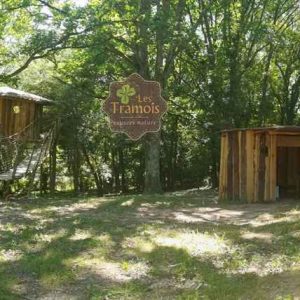 Cabane perchée en Bourgogne, entourée darbres verdoyants et paisibles.