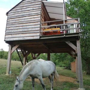Cabane sur pilotis en Bourgogne, avec un cheval paissant à proximité.