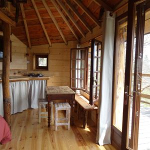 Cabane en bois avec vue, intérieur chaleureux et lumineux, ambiance cosy.