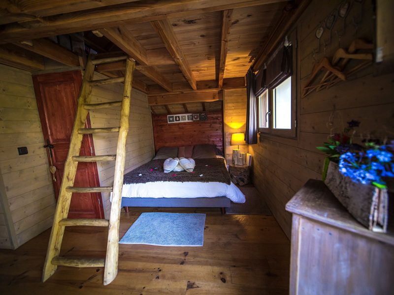 Chalet en bois cosy avec lit douillet et échelle menant à une mezzanine.