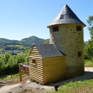 Hébergement insolite en forme de tour en pierre, entouré de verdure à Midi-Pyrénées.
