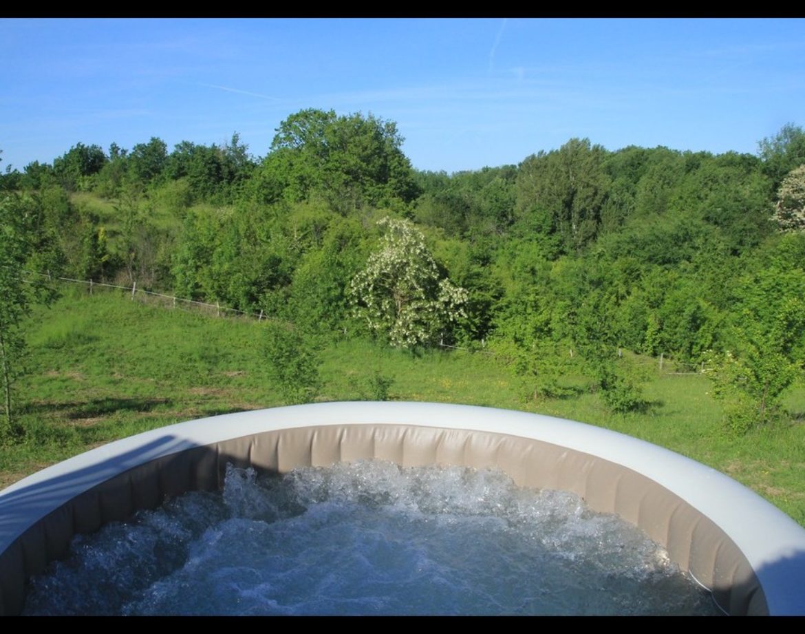 Hébergement insolite en Midi-Pyrénées avec jacuzzi et vue sur la verdure environnante.