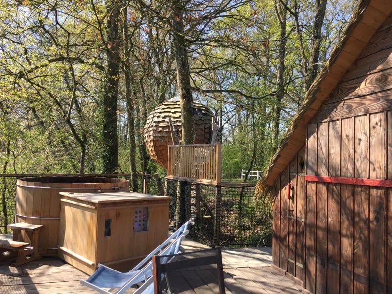 Cabane dans les arbres avec jacuzzi, entourée de verdure et darbres majestueux.
