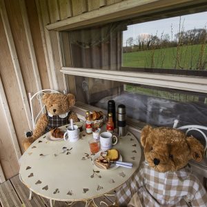 Cabane en bois avec ours en peluche à table, vue sur la campagne.