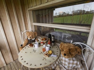Cabane en bois avec ours en peluche à table, vue sur la campagne.