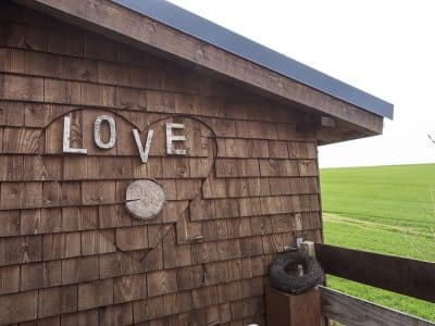 Cabane en bois avec un cœur décoratif, entourée de champs verdoyants.