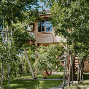 Cabane dans les arbres en Provence-Alpes-Côte dAzur, entourée de verdure et dun hamac.