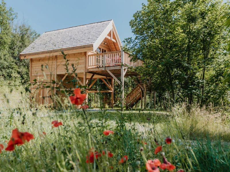 Charmante cabane en bois sur pilotis, entourée de fleurs sauvages.