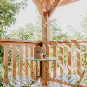 Cabane perchée en Provence-Alpes-Côte dAzur avec terrasse en bois et chaises vertes.