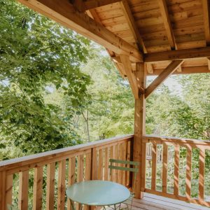 Cabane en bois avec balcon, entourée de verdure en Provence-Alpes-Côte dAzur.
