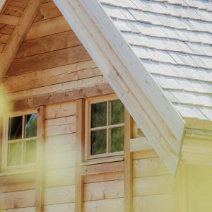Cabane en bois avec toit en ardoise, nichée dans la nature provençale.
