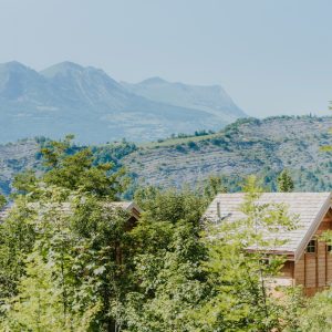 Cabane en bois nichée parmi les arbres, avec vue sur les montagnes environnantes.