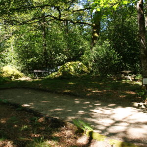 Emplacement de camping ombragé avec tentes et table en bois, entouré de verdure.
