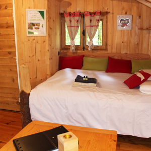 Chalet en bois chaleureux avec lit douillet et décor coloré à Bourgogne-Franche-Comté.